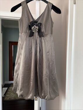 BCBGMaxAzria Taupe gray silk Satin Dress with Black Bow & Brooch size 2